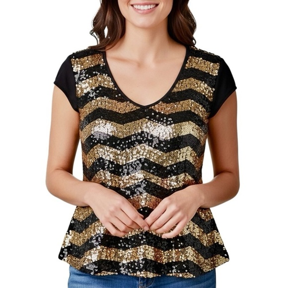 2B Bebe Tops - Bebe Black & Gold  Peplum Sequin Striped Top XL – Party, Cocktail, Metallic